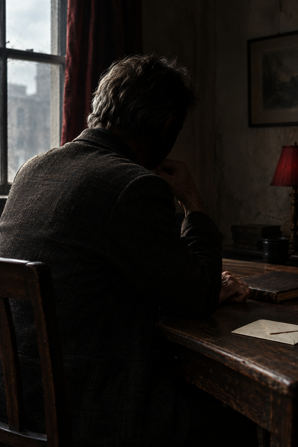 Marlow Vane, the fictional author, seated at a desk with his face concealed in shadow